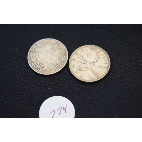 1945, 1919 Silver Canadian Quarters