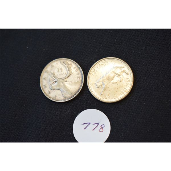 1967, 1952 Silver Canadian Quarters