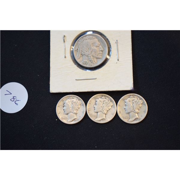(3) US Silver Mercury Dimes, 1937 Nickel
