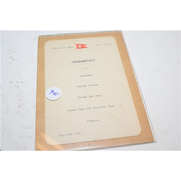 1917 Sergeants Mess Menu