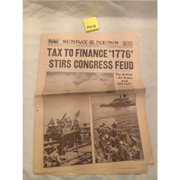 Lot # 1003: 1941 NY Sunday News "Tax to Finance '1776' Stirs Congress Feud" WWII Ships Cover - Rare 