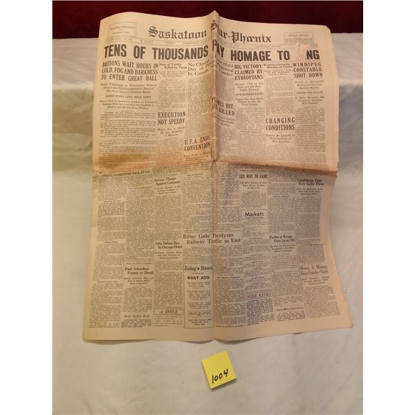 Lot # 1004: Jan 25, 1936, Saskatoon Star-Phoenix Front Pages: George V Death, Cold Britons Queue, Et