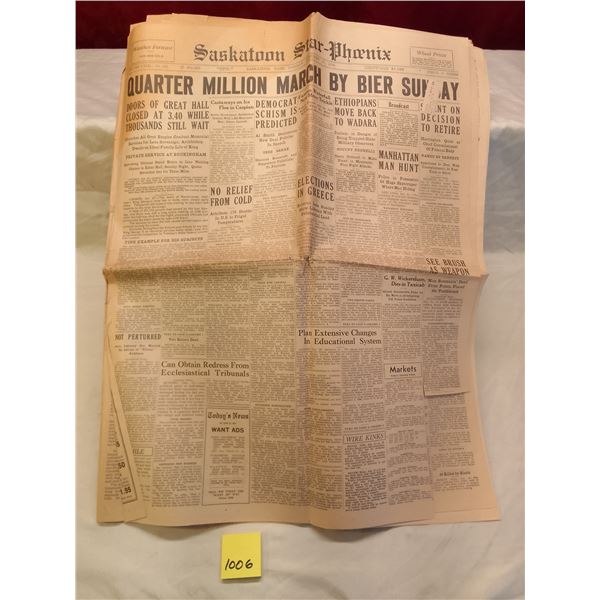 Lot # 1006: Jan 27, 1936, Saskatoon Star-Phoenix: Bier Sway March, Ethiopian War, Cold Wave Grip Cit