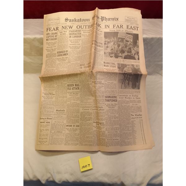 Lot # 1007: Dec 14, 1936, Saskatoon Star-Phoenix: Fear New Outbreak in Far East – 20 Pages 