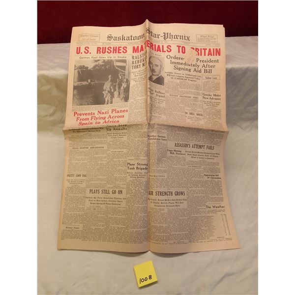 Lot # 1008: U.S. Rushes Materials to Britain - Star Phoenix, March 12, 1936, Historic WWII Aid Editi