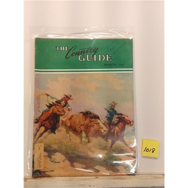 Lot # 1018: Vintage 1951 The Country Guide Magazine - Cowboy Roping Cover Art - Rare March 1951 issu