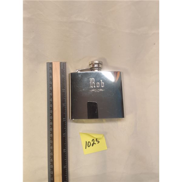 Lot # 1025: Stainless Steel Hip Flask with "Bob" Engraved in Gothic Font - Classic Pocket Liquor Con