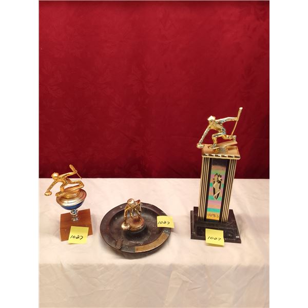 Lot # 1027: Vintage Curling Trophies Tall, short and Ashtray, Collectible Sports Awards