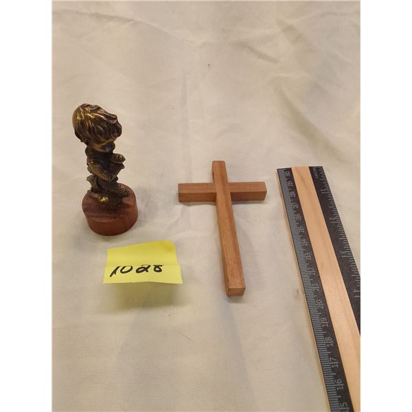 Lot # 1028: Praying Child Figurine & Wooden Cross: Small Religious Statuette and Simple Faith Symbol