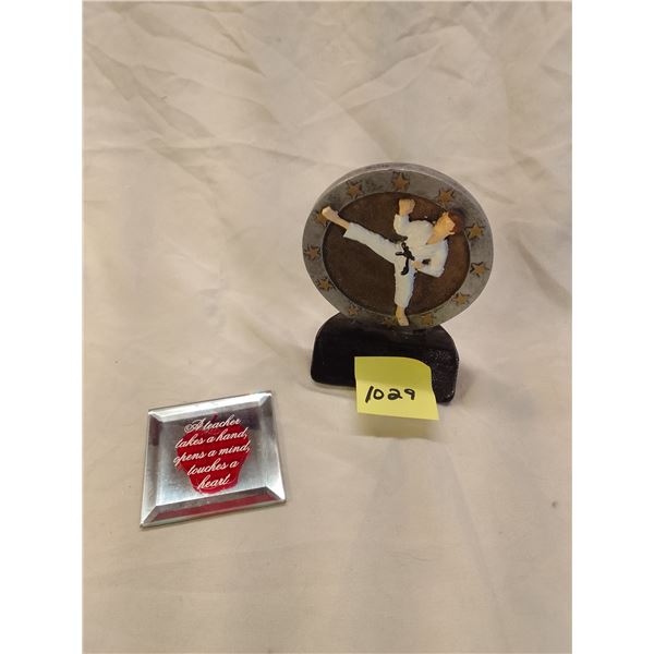 Lot # 1029: Karate Trophy & Teacher Plaque Set: Martial Arts Kick Figure Award + Inspirational "Teac