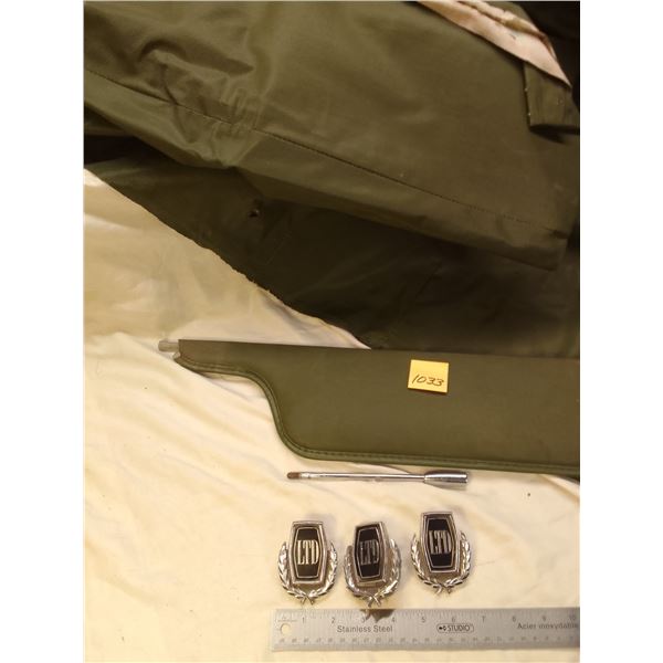 Lot # 1033: Vintage 1960s-70s Ford LTD Parts: Green Sun Visor w/ Rod & headliner with Three Laurel W