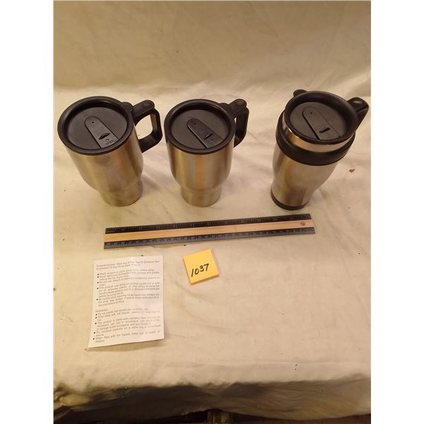 Lot # 1037: 3 Stainless Steel Travel Mugs w/ Handles & Flip-Top Lids