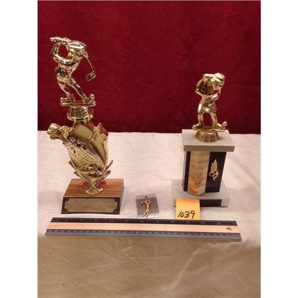Lot # 1039: Vintage Golf Trophies Collection: Tall male golfer swing trophy, shorter female putting 