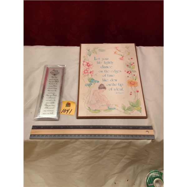 Lot # 1041: Vintage Retirement Plaques: Floral R. Tagore Quote Print & Silver Happy Retirement Poem 