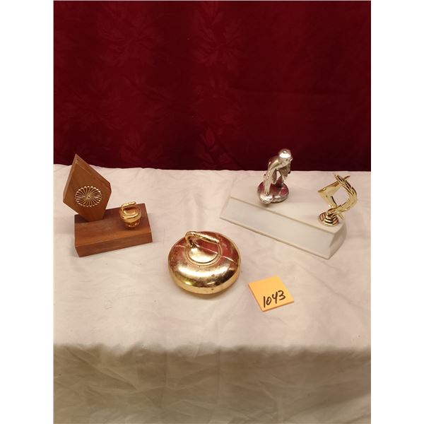 Lot # 1043: Vintage Curling Trophies Collection: Curling Stone, 2 trophies
