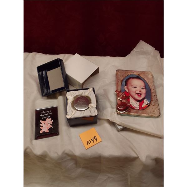 Lot # 1044: Personalized Keepsakes: Custom Photo Frame of Smiling Baby, Engraved Silver babies first