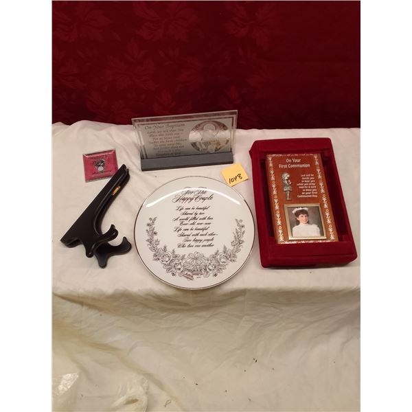 Lot # 1048: Vintage Sentimental Keepsakes Lot: Baptism Plaque, First Communion Frame with Photo, Cou