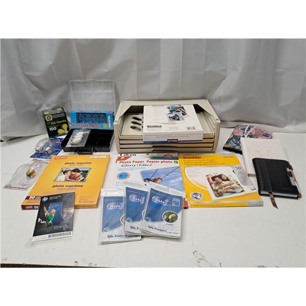 photo paper + oraganizer, light bulbs, note books