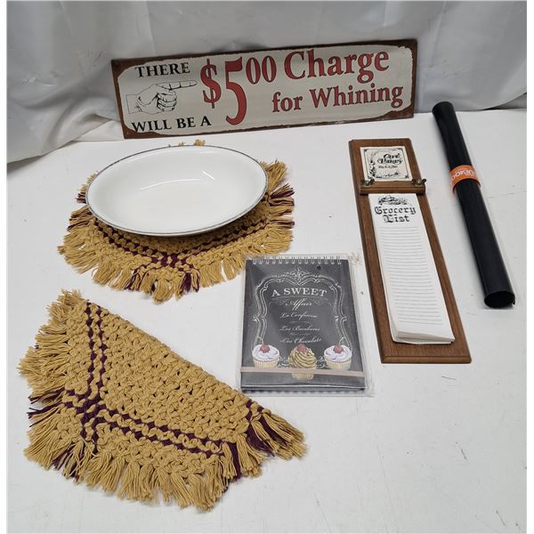 glass dish, 5$ sign, note book, recipe booklet