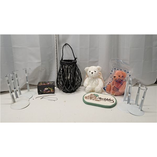 2 avon bear, jewlery box with key+lock, bear stands, lantern