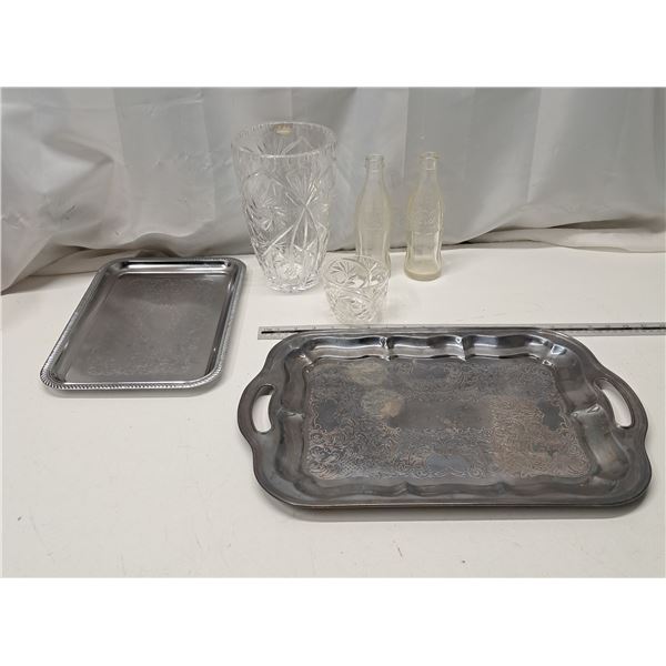 glass vase/dish + coca cola bottles + trays
