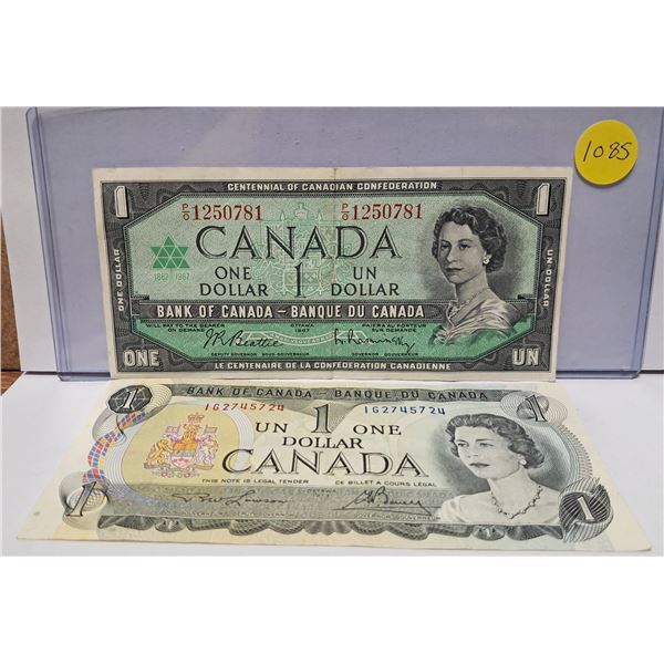 two 1$ bills 1967 Beattie 1973 lawson + Bowey