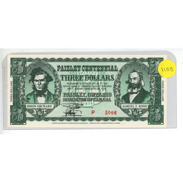 1974 Paisley Centennial Three Dollar Note