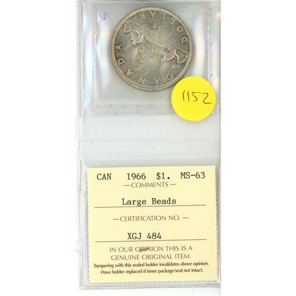 1966 Canada Silver One Dollar Coin MS-63 (Large Beads)