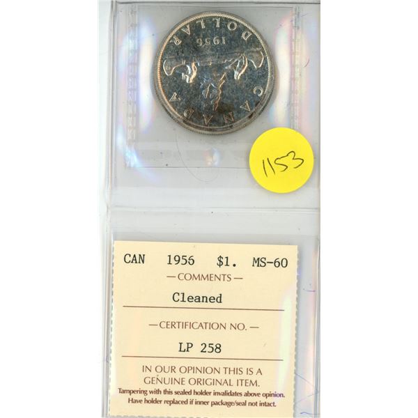 1956 Canada Silver One Dollar Coin MS-60 (Cleaned)