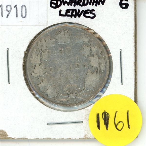1910 Canada Silver 50 cent Coin “Edwardian Leaves”
