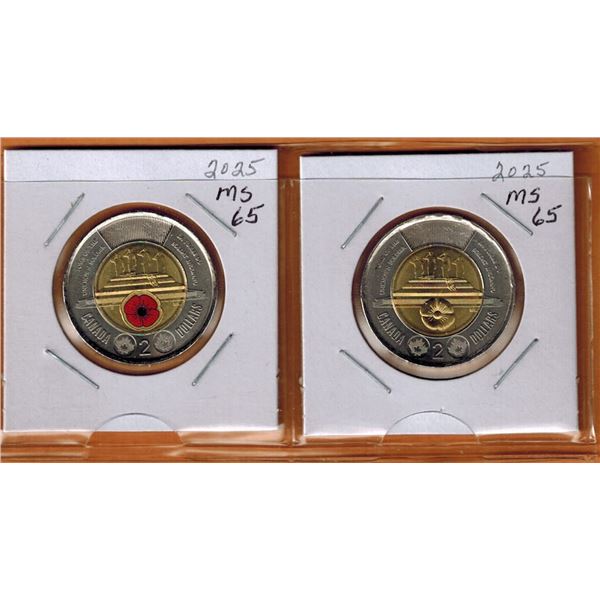 2025 CANADIAN $2.00 COINS - COLOURED & NON COLOURED - UNKNOWN SOLDIER TOONIES