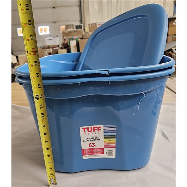(2) Tuff 63L Storage Bins (small crack on one bin as pictured)