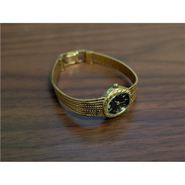 Vintage Black + Gold Coloured Bulova Women's Diamond Watch (Works)