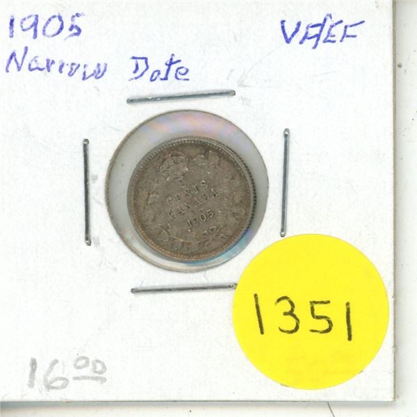 1905 Canadian Silver Small Five Cents - Narrow Date