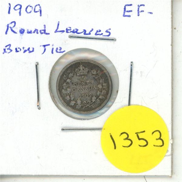 1909 Canadian Silver Small Five Cents - Round Leaves, Bow Tie