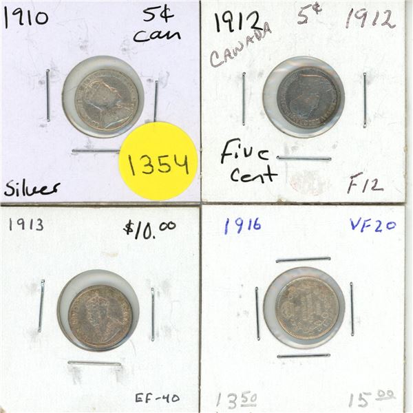 1910, 1912, 1913, 1916 Canadian Silver Small Five Cents.