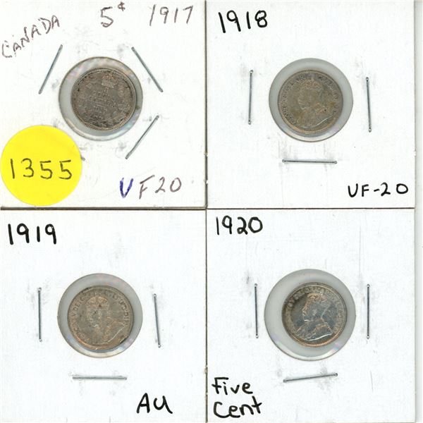 1917, 1918, 1919, 1920 Canadian Silver Small Five Cents.