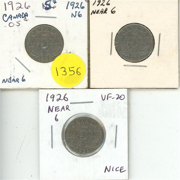 (3) 1926 N6 Canadian Five Cents.