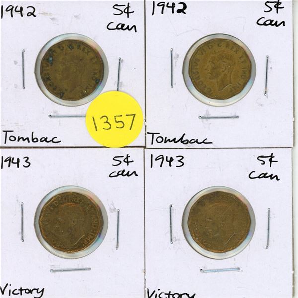 (2) 1942 Canadian Five Cents - Tombac and (2) 1943 Canadian Five Cents - Victory.