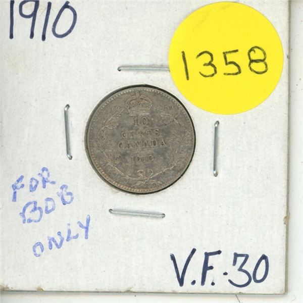 1910 Canadian Silver Ten Cents.