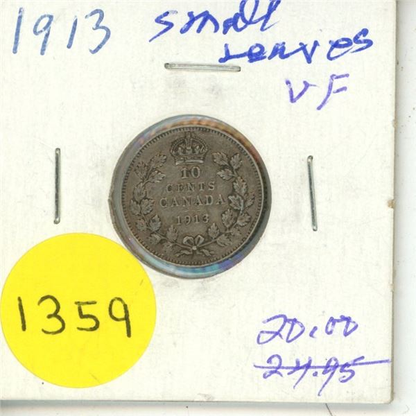1913 Canadian Silver Ten Cents.