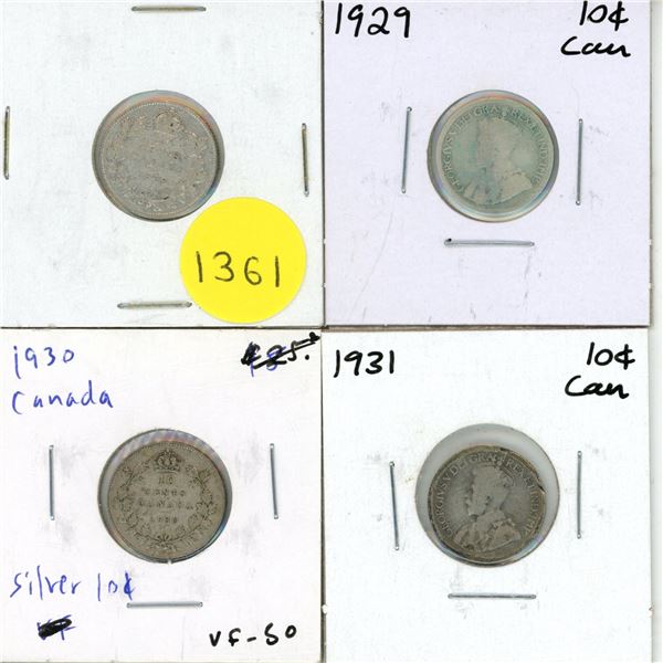1928-1931 Canadian Silver Ten Cents.