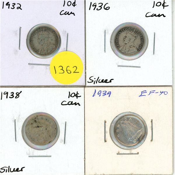 1932, 1936, 1938, 1939 Canadian Silver Ten Cents.