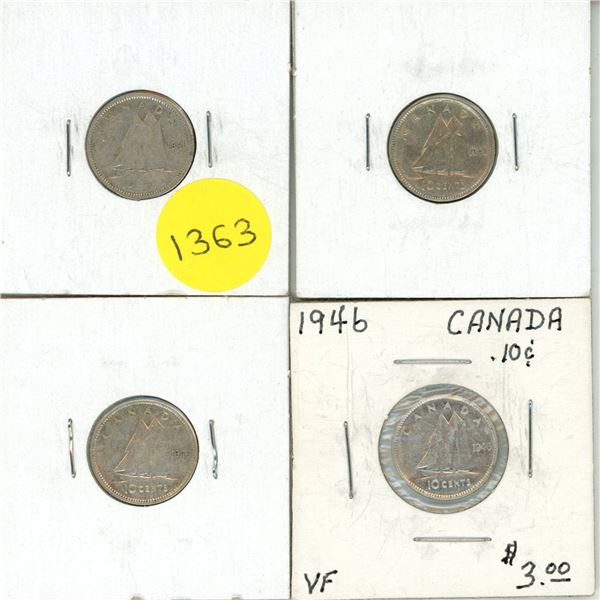 1941, 1942, 1944, 1946 Canadian Silver Ten Cents.