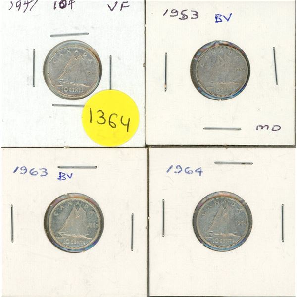 1947, 1953, 1963, 1964 Canadian Silver Ten Cents.