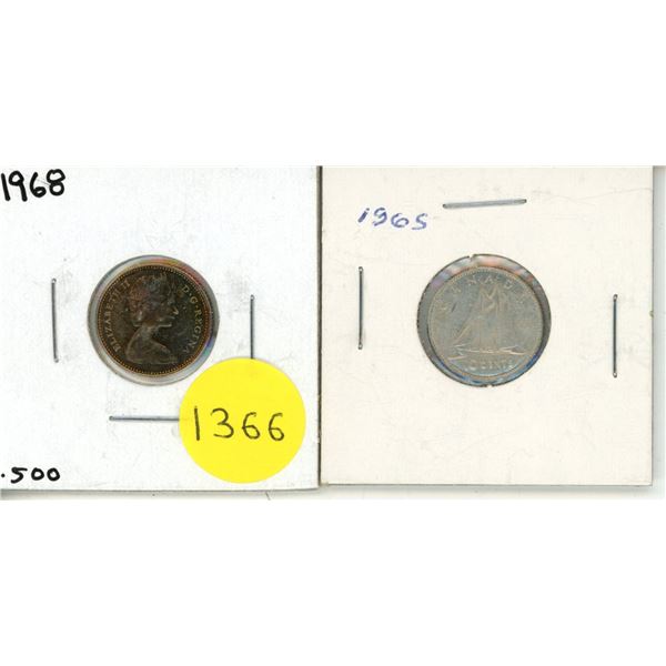 1968 Canadian Silver Ten Cents - .500 Rainbow Toning and 1965 Canadian Silver Ten Cents.