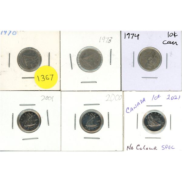 1970, 1973, 1974, 2000 UNC, 2001 UNC, 2021 Specimen, Bluenose No Colour Canadian Ten Cents.