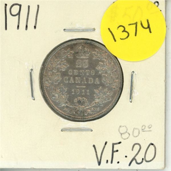 1911 Canadian Silver Twenty Five Cents
