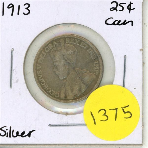 1913 Canadian Silver Twenty Five Cents