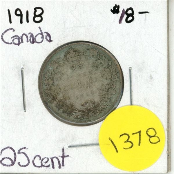 1918 Canadian Silver Twenty Five Cents
